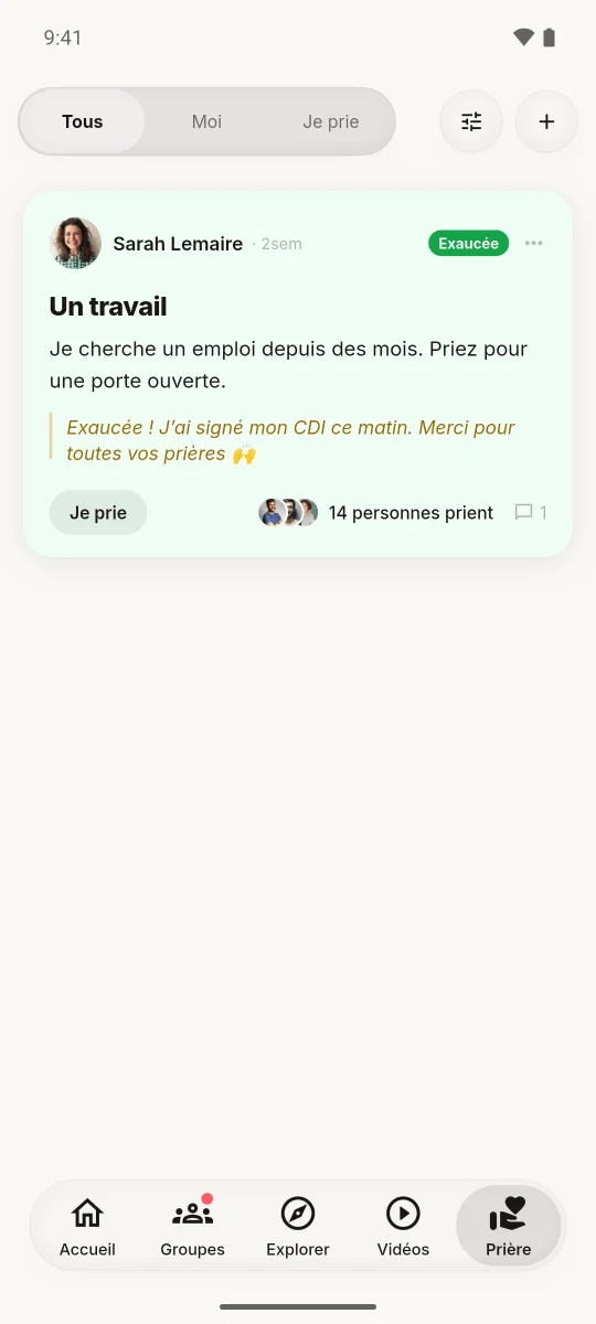 Une prière marquée comme exaucée
