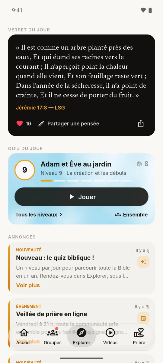 L'onglet Explorer : verset du jour et quiz